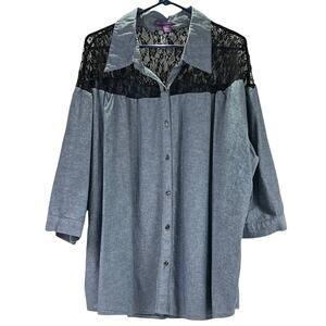Beverly Drive Chambray & Lace Blouse Tunic 3/4 Roll Tab Plus 20-22W Blue Black